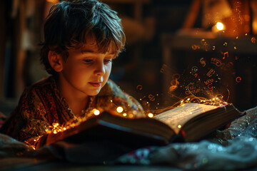 a child reading magical book glowing with symbols