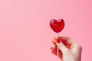 A female hand holding a valentine love heart candy lollipop
