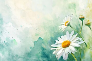 Spring or summer nature scene with blooming white daisies on soft blue watercolor background, copy space.