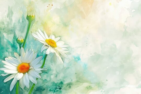 Spring or summer nature scene with blooming white daisies on soft blue watercolor background, copy space.