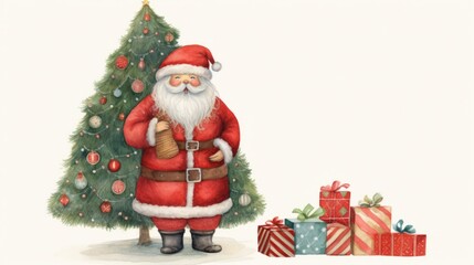 A Christmas watercolor illustration of Santa. Cute Santa Claus with Christmas tree on white background. 

