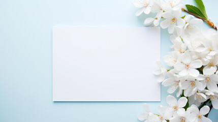 Fototapeta na wymiar A white blank card surrounded by delicate cherry blossoms against a soft blue background, perfect for spring greetings or invitations.
