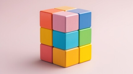 A neat stack of toy blocks in soft pastel colors against a minimalist pink background, symbolizing simplicity and creativity.