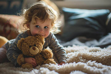 a toddler holding a teddy bear at his bedroom
