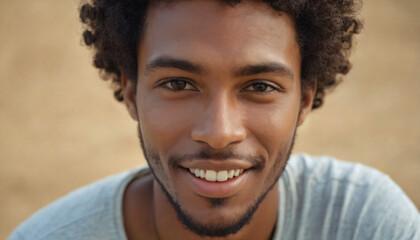 Obraz premium Black Man with Curly Hair, Smiling and Posing in Soft Light Portrait