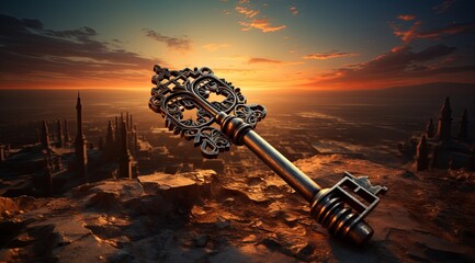 Key in the desert landscape with open sun and sun rising to the sky, in the style of photorealistic fantasies, classical symmetry, beige, unreal engine, charismatic, 1970, present, chance.