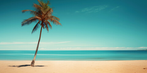 Fototapeta na wymiar Palm on a sunny tropical sea shore under turquoise sky. Vacation concept. Generative AI