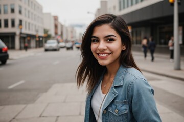 Young Hispanic woman wearing casual clothes walking on the street with copy space.