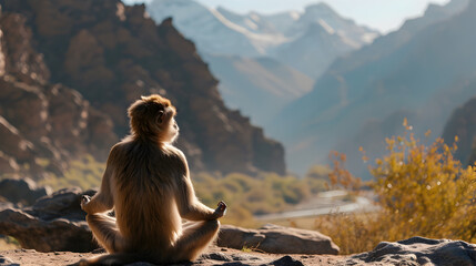 Peaceful Monkey in Meditation near Mountains