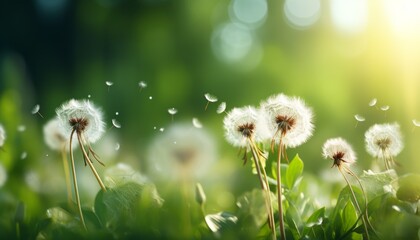 Delicate dandelions in the foreground with flying seeds against a background of green forest and sun glare. Concept: background screensaver, summer wild flowers
