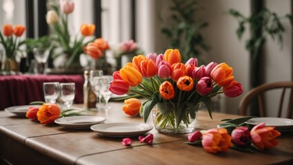 Beautiful table setting with tulips on blurred background