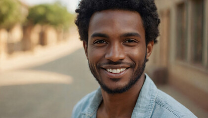 Black Man with Big Smile, Curly Hair & Subtle Makeup in Street Portrait