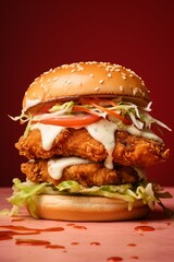fried chicken burger with lettuce, mozzarella sauce, coleslaw, and tomato slices	
