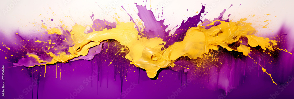 Poster golden flowing wave with golden splashes on purple background