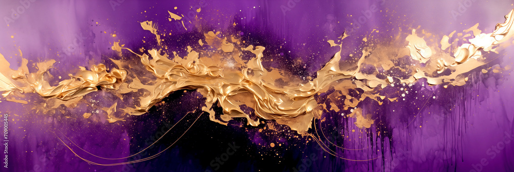 Poster golden flowing wave with golden splashes on purple background