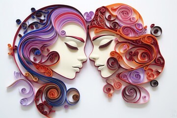 A quilled paper art card with faces of two women in profile with closed eyes  and long hair 