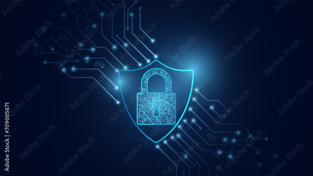 Aufkleber Cybersecurity and information protection. Data protection concept design for personal privacy, and cyber security. Blue color abstract technology. Shield With Keyhole icon, Vector and Illustration.