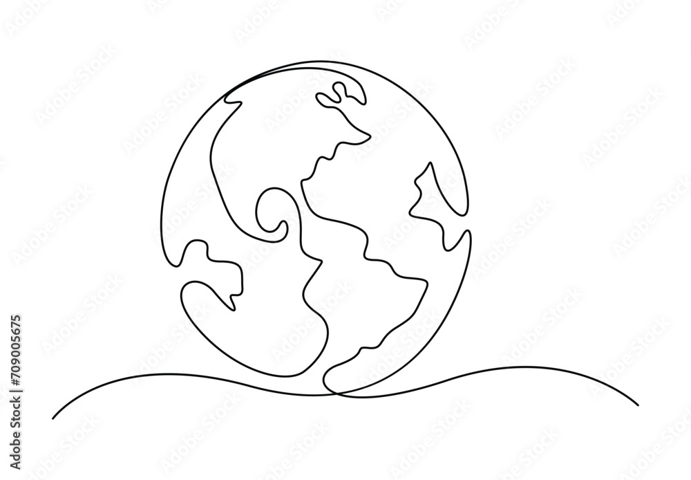Poster continuous single line drawing of earth. outer space concept. vector illustration. premium vector.