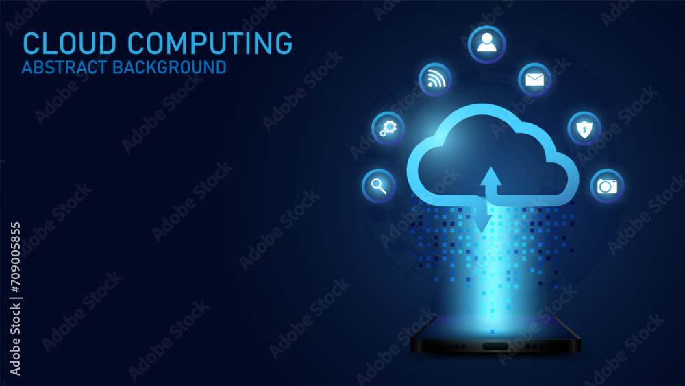 Poster Cloud Computing technology Internet and cyber technology concept. Abstract cloud connection technology on a blue color background. Cloud Computing network with internet icons. Vector and Illustration.