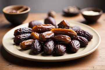 Fotobehang Premium photo of a plate of delicious dates with a cup of milk 8 © Shinso_Hajime