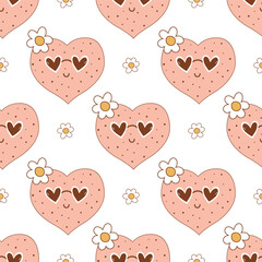 Pink groovy love seamless pattern with romantic hearts in sunglasses and daisies. Vector 70s cartoon character