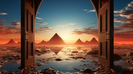 open door in desert landscape with open sun and sun rising to the sky, in the style of photorealistic fantasies, classical symmetry, beige, unreal engine 5, charismatic.