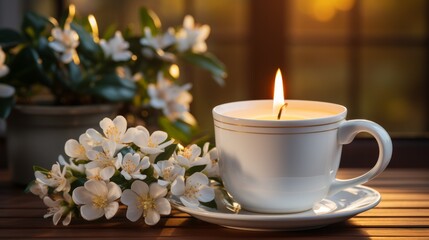 Fototapeta na wymiar Candle in a cup. blooming jasmine branch on a wooden table against a background of green plants. Concept: aromatherapy and relaxation, copy space banner 