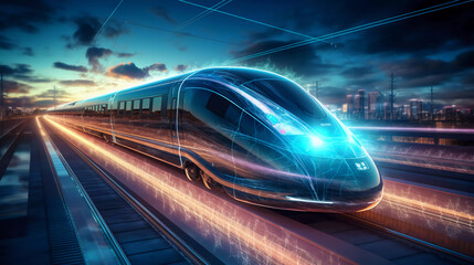 Modern high speed train traveling to the technological and innovative future. Digital hologram and internet of things. Network wireless systems concept - obrazy, fototapety, plakaty