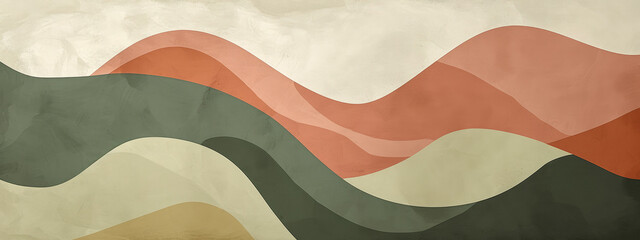Vintage style abstract wave background with a mix of olive green, terracotta and cream - obrazy, fototapety, plakaty