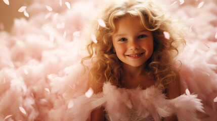 Cute small cupid girl with pink wings. Light pink background with feathers and down. Love concept. Generative AI