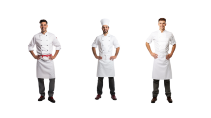 Set of images of a smiling male chef looking at the camera, isolated, full body, on a transparent background PNG.