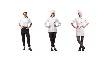Set of full-length pictures of smiling cooks looking at the camera on a transparent background PNG