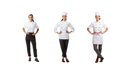 Set of full-length pictures of smiling cooks looking at the camera on a transparent background PNG