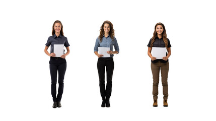 Obraz premium Set of images of smiling female courier looking at camera, full body, on transparent background PNG