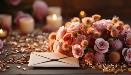 letter in an ivory envelope surrounded by pink roses on a white plate. Background with blurred lights Concept: Elegant invitation, or holiday notification, banner with copy space