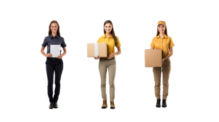 Set of images of smiling female courier looking at camera, full body, on transparent background PNG
