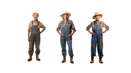 Set of images of elderly male farmers Man and woman standing, full body, on transparent background PNG