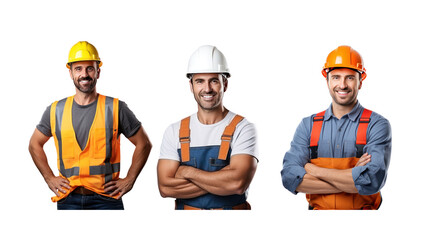 Set of images of a construction worker standing and smiling, looking at the camera, full body, on a transparent background PNG
