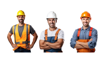 Set of images of a construction worker standing and smiling, looking at the camera, full body, on a transparent background PNG