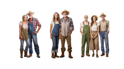 Set of images of elderly male farmers Man and woman standing, full body, on transparent background PNG