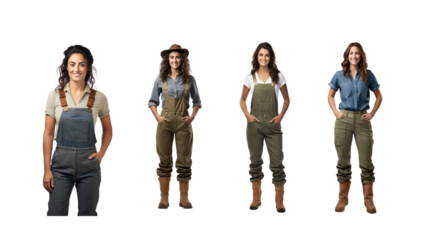 Set of images of a beautiful young farmer standing and smiling, looking at the camera, full body, on a transparent background PNG