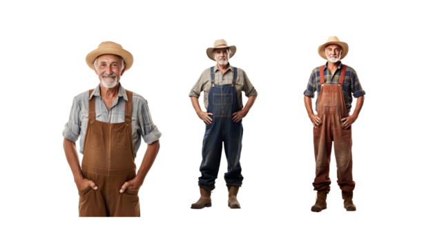 Set of images of elderly male farmers Man and woman standing, full body, on transparent background PNG