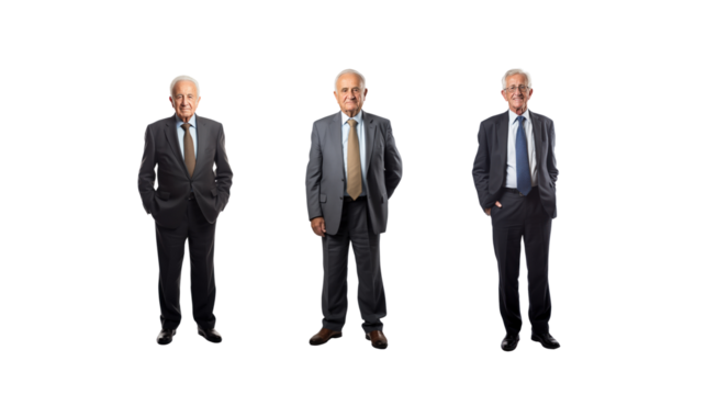 Elderly male businessman standing smiling looking at camera, full body, on transparent background PNG