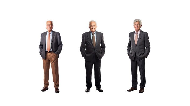 Elderly male businessman standing smiling looking at camera, full body, on transparent background PNG