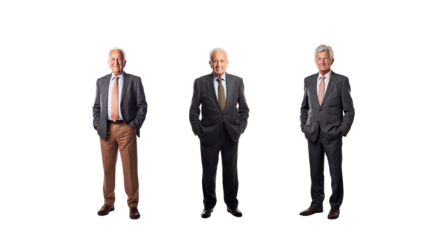 Elderly male businessman standing smiling looking at camera, full body, on transparent background PNG