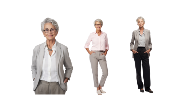 Elderly businesswoman standing smiling looking at camera, full body, on transparent background PNG