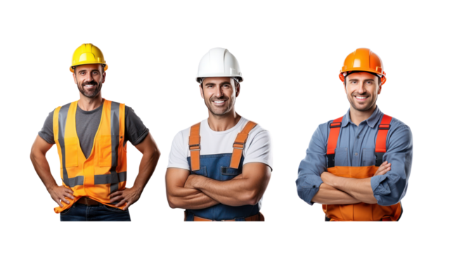 Set of images of a construction worker standing and smiling, looking at the camera, full body, on a transparent background PNG - Powered by Adobe