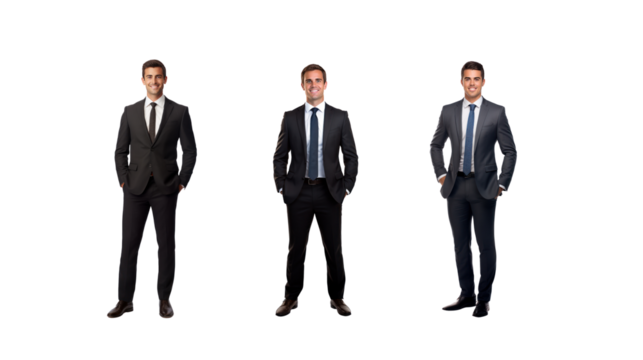 Full image of a businessman standing and smiling, looking at the camera, on a transparent background PNG