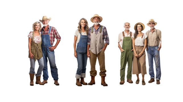 Set of images of elderly male farmers Man and woman standing, full body, on transparent background PNG