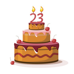 Twenty three year anniversary. Vector birthday cake. Holiday cake with candle.  Big chocolate cake. Twenty three  year old. Twenty three party. Big delicius cake.